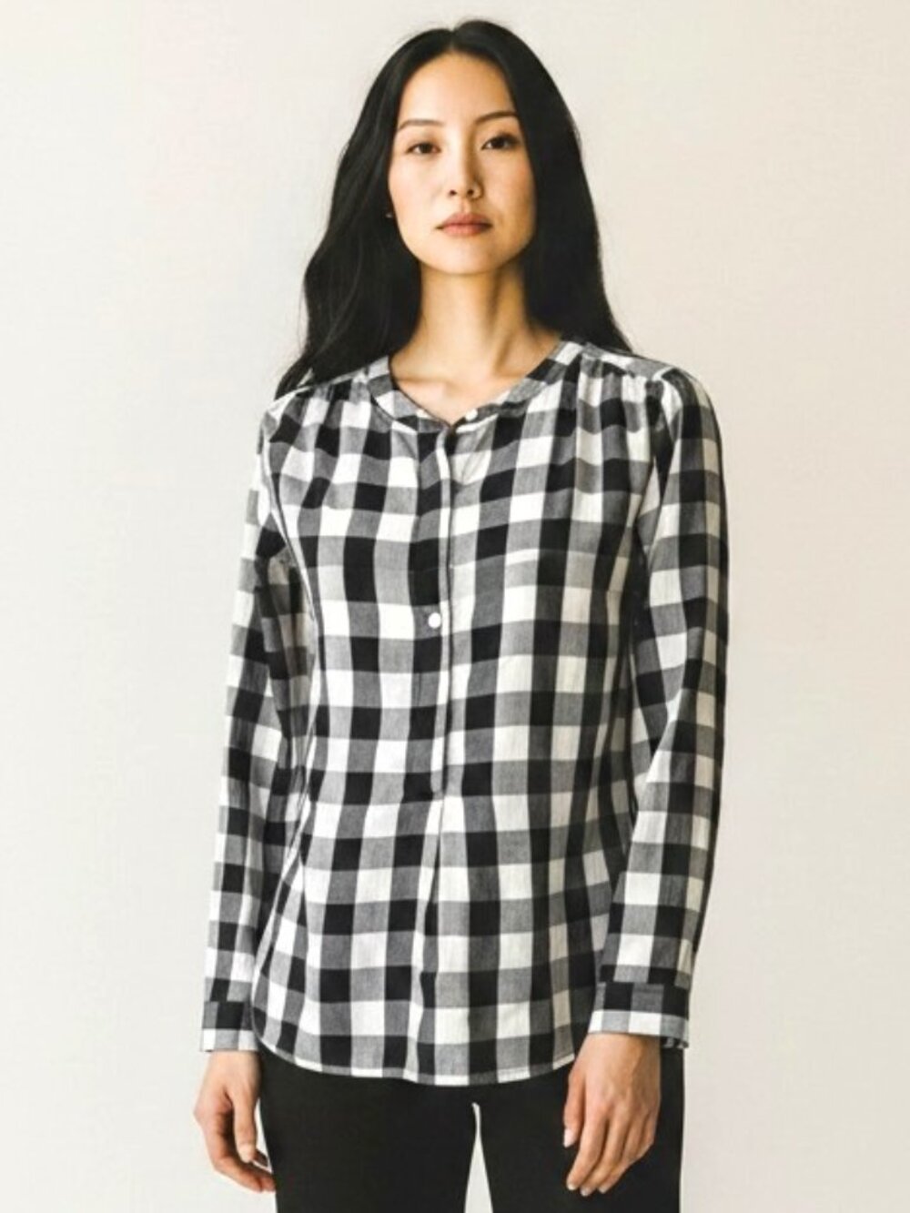 LOFT Buffalo Plaid Black and White Collarless Top